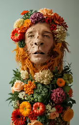 a woman in an orange dress with flowers around her head