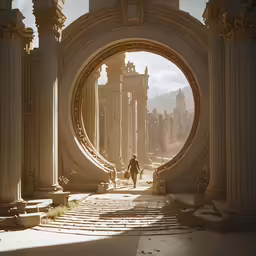 an archway with pillars between two men walking through it