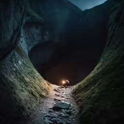 a man standing in the middle of a dark tunnel with a light shining on his head