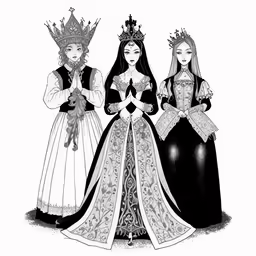a black and white drawing of two ladies dressed in medieval clothes