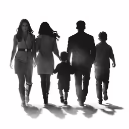 black and white photograph of a family walking together