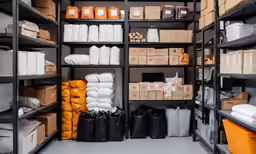 the shelves of the storage room are filled with various goods