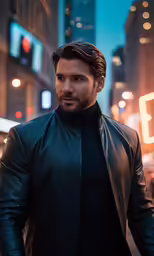 man in black leather jacket on city street