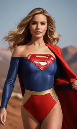 a woman in a sexy suit with a superman cape