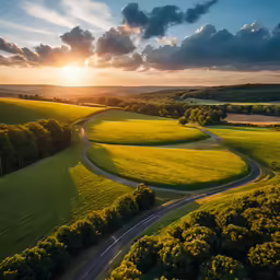 a rural road winding through the countryside during sunset