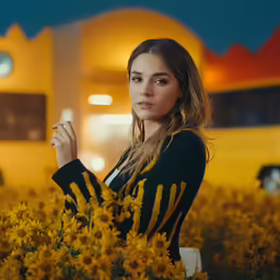 a girl in a sunflower field is posing for the camera