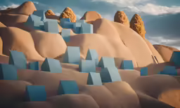 a number of shapes in a desert scene with sky