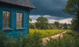 a dark cloud hangs over a small, blue house