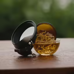 a glass jar filled with liquid and ice sitting on a table