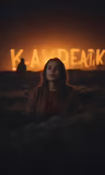 a person sitting in the grass under a neon sign