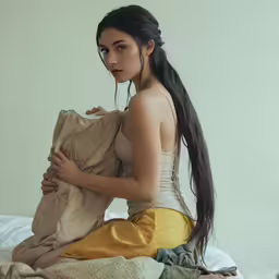 a girl sitting on top of a bed holding onto a sack