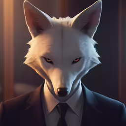 a wolf dressed in a suit and tie standing in front of a wall