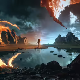 a person looking at a large crater with lava in it