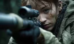 a woman in a green jacket is holding a rifle and aiming the gun