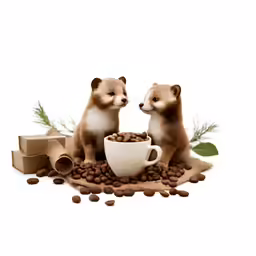two adorable puppies drink from a coffee cup