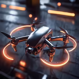 an aerial photograph of a small quadcoptie with lights