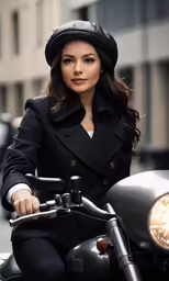 a woman wearing a black coat and hat on a motorcycle
