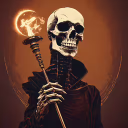 a skeleton holding a large sword and standing in front of an orange background,a skeleton holding a sword and wearing a black robe