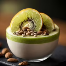 a bowl filled with cereal and a kiwi slice