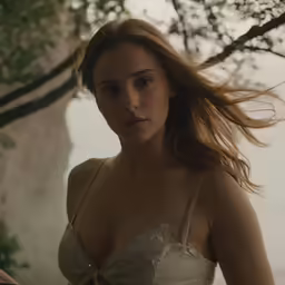 a woman with her hair blowing in the wind