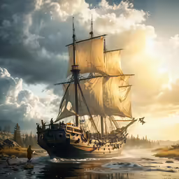 a pirate ship sailing across a lake next to land
