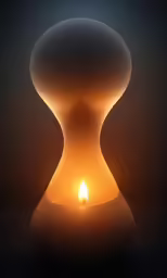 an illuminated candle inside a glass vase with the light shining