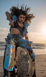 woman riding an elephant on the beach with an intense look