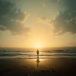 a person standing on top of a beach at sunset