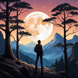 a person with a backpack is staring at the moon