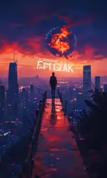 a man is standing at the end of a long wooden walkway