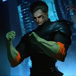 the evil looking man in a futuristic suit holding his hands in his right hand