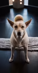 a chihuahua sitting on the floor in front of a light
