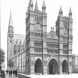 a black and white photo of people walking by a cathedral