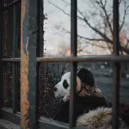 a panda looking out of an enclosure at a woman