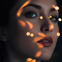 a woman with a red lipstick and a bright light pattern on her face
