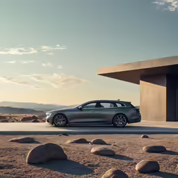 a modern car parked outside a building on the desert
