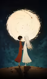 two people looking at the sky with an umbrella behind them