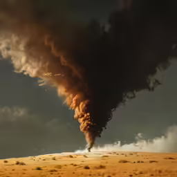 a large black cloud of smoke comes out from the top of a hill
