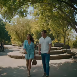 a young couple walking down the street with a woman wearing a dress