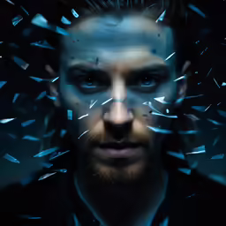 the man looks at the camera through the lens