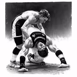 two men playing tug - balls, one on his knee