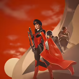 a photo of a red woman dressed in black and white
