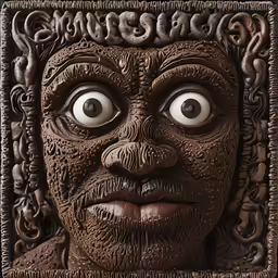 a chocolate carved face with eyes and a beard