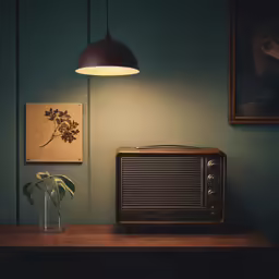 a room with green walls and a clock and radio