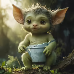 a baby groote holding a bucket with water in it