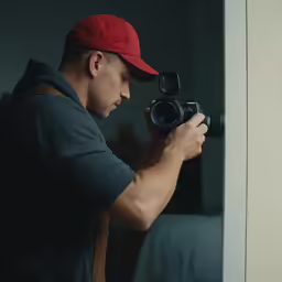 man photographing himself with a camera in the doorway