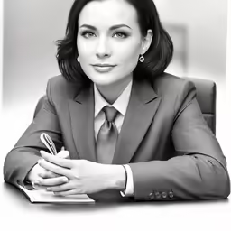 a woman in business attire sitting at her desk