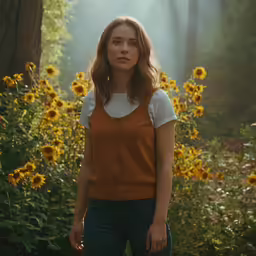 a girl with long red hair is standing in front of flowers and a forest