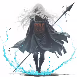 an illustration of a white haired male character wearing black clothes with a coat, hood and staff