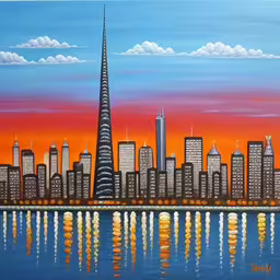 the city has a tall spire in front of it,painting of an oriental city and its reflection in water,a painting of the burj building seen in front of a skyline,a painting of the city skyline reflecting in the water,a large painting of the burjj tower in kuwait